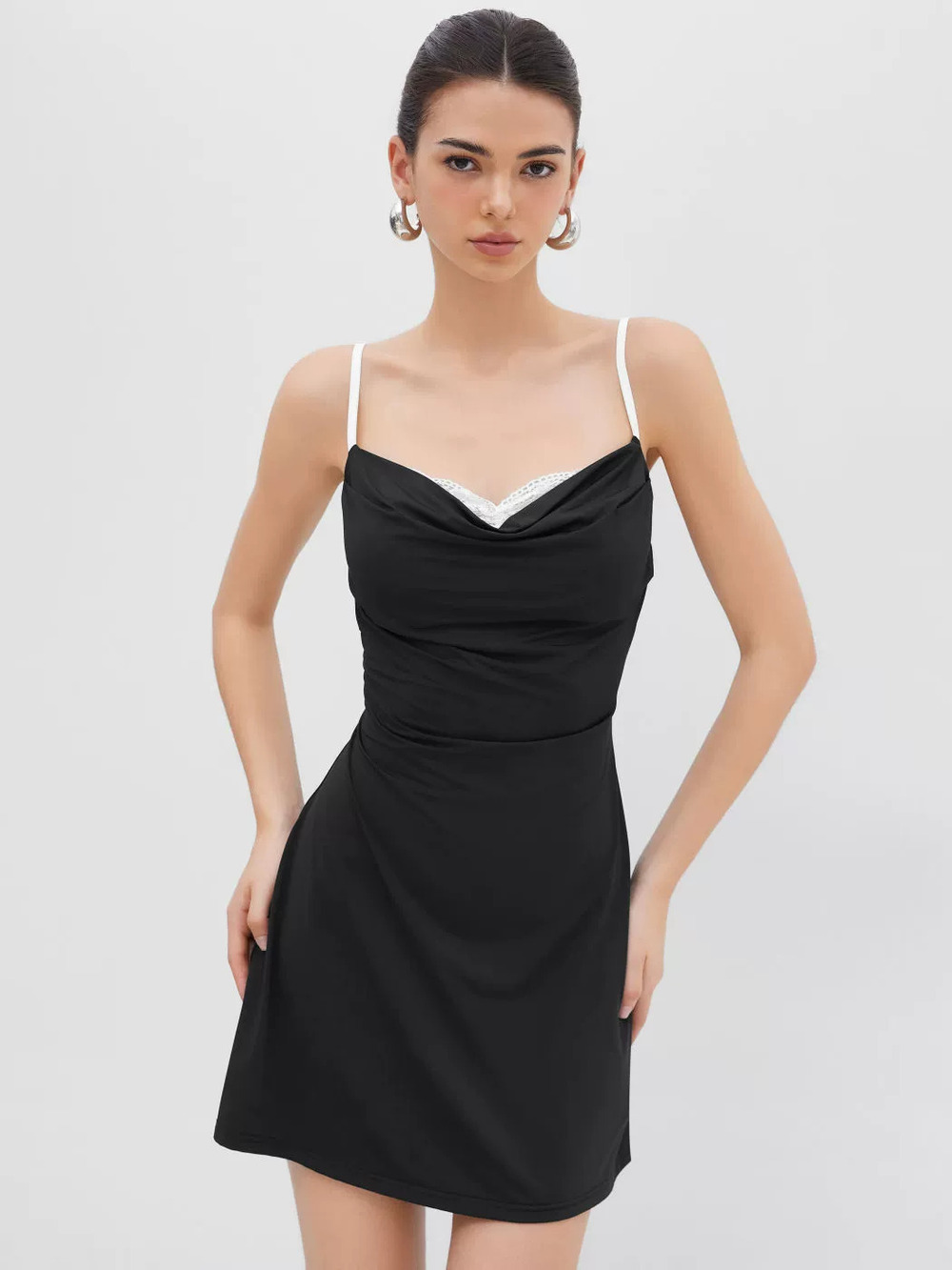 ZARA French Contrast Color Spaghetti Strap Cowl Neck Slimming A-Line Short Dress